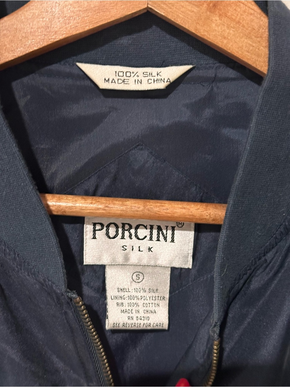 Porcini Silk Bomber Jacket Women’s Size S Navy Blue Full Zip 100% Silk - Picture 3 of 5